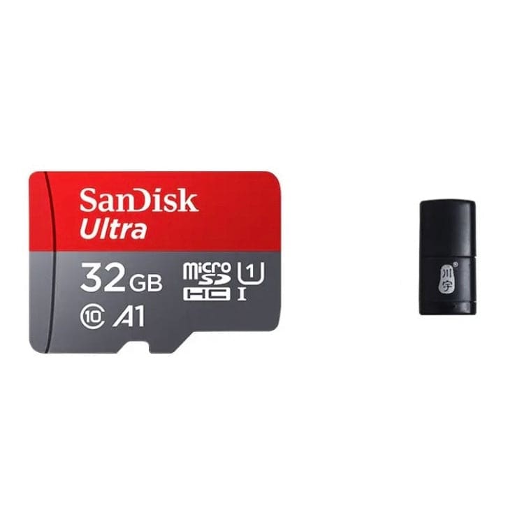 SanDisk 32GB micro SD memory card with adapter, ideal for electronics and mobile device storage.