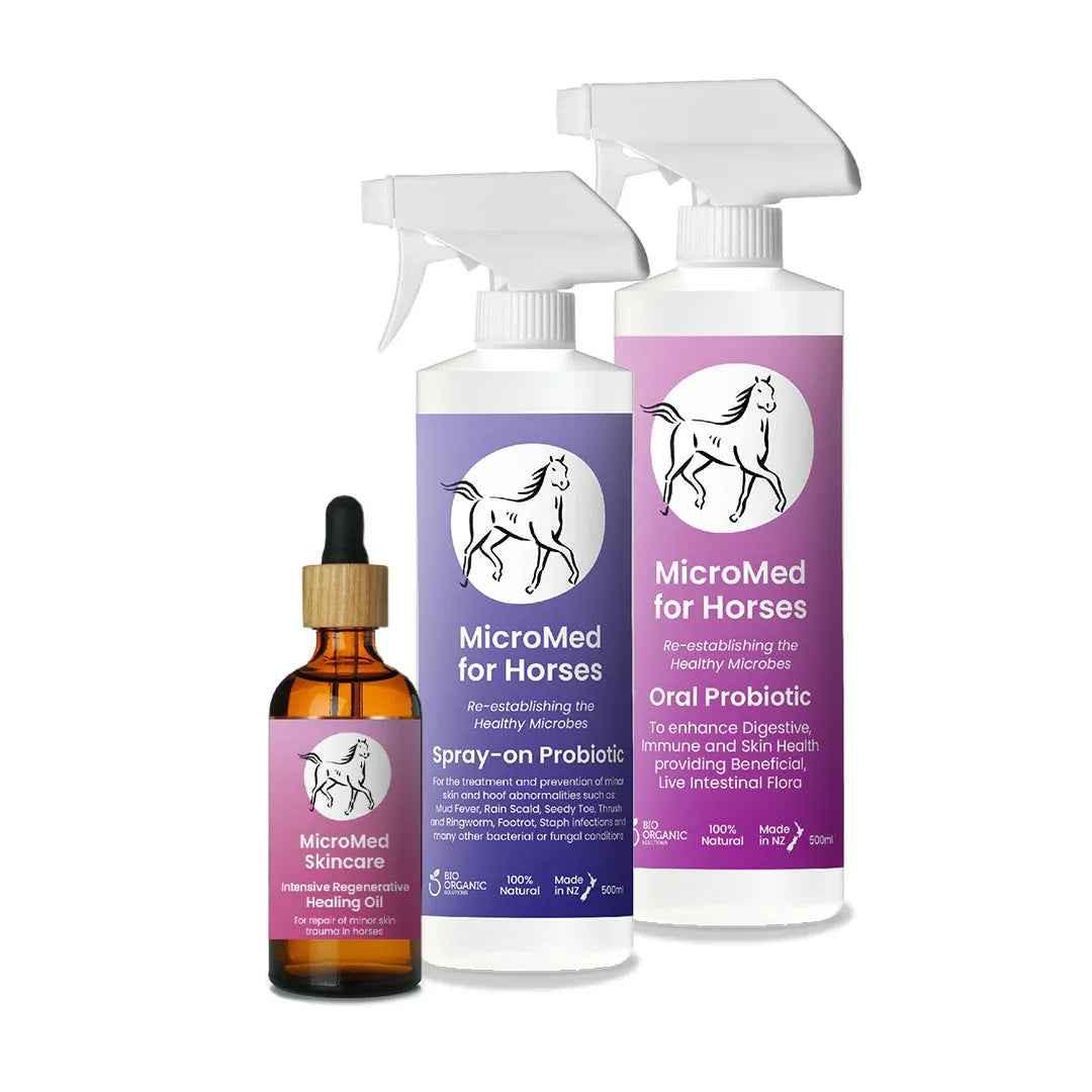 MicroMed Total Care for Horses set with oral, topical, and regenerative healing oils for comprehensive horse care.