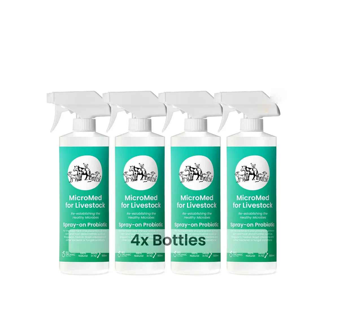 MicroMed Livestock Acute Care bundle with four 500ml bottles, designed for immediate veterinary treatment of livestock.