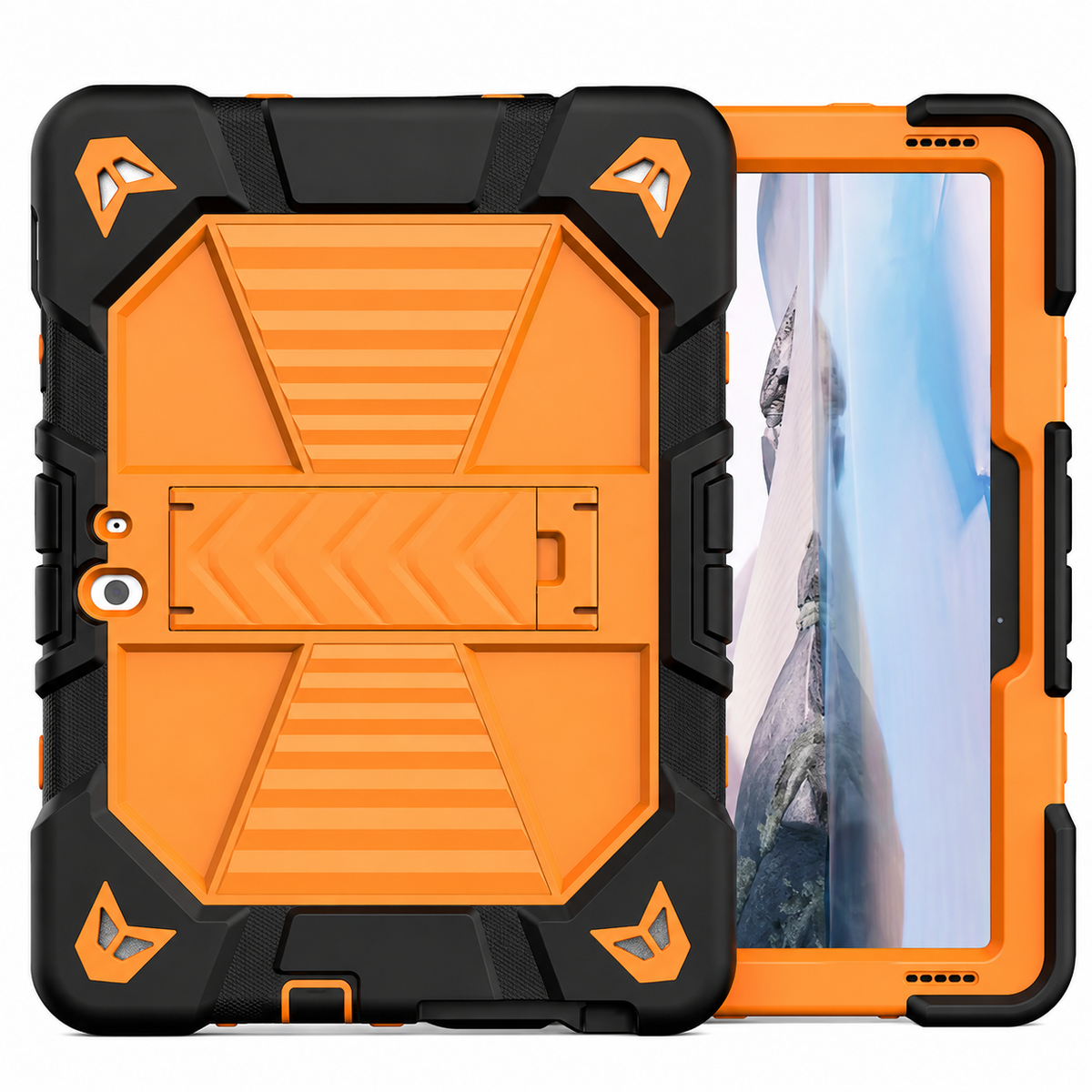 Techplus rugged shockproof case for Microsoft Surface Go 2 tablet with orange exterior and built-in kickstand, front view.