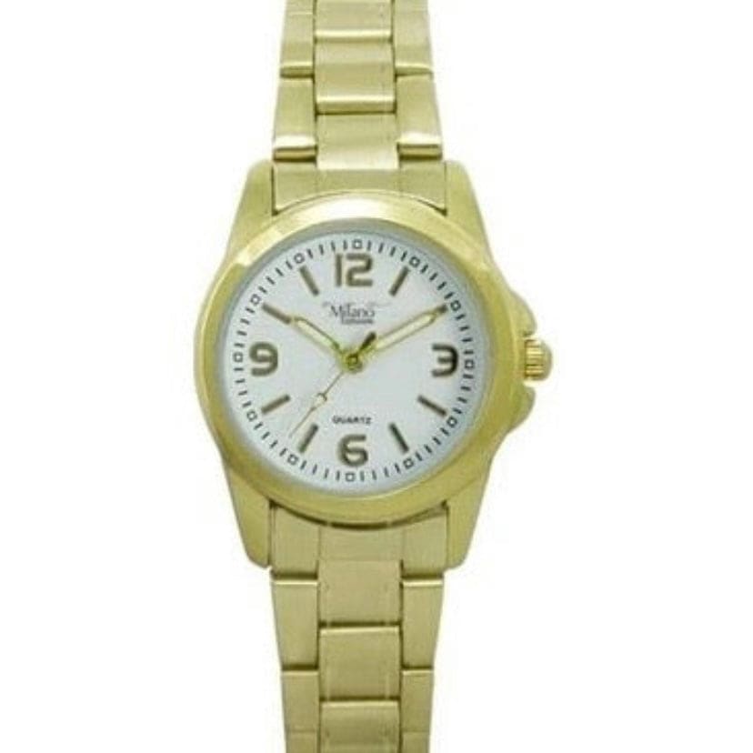 Elegant Milano Classic Gold and White wristwatch by That Watch Shop, featuring a sleek round dial and stylish leather strap.