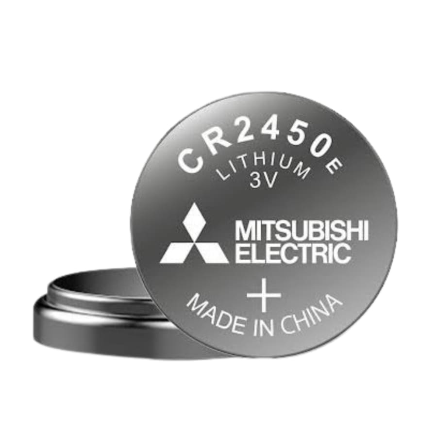 Four Mitsubishi CR2450 lithium watch batteries in silver, compact and round, suitable for various timepieces and electronic devices.