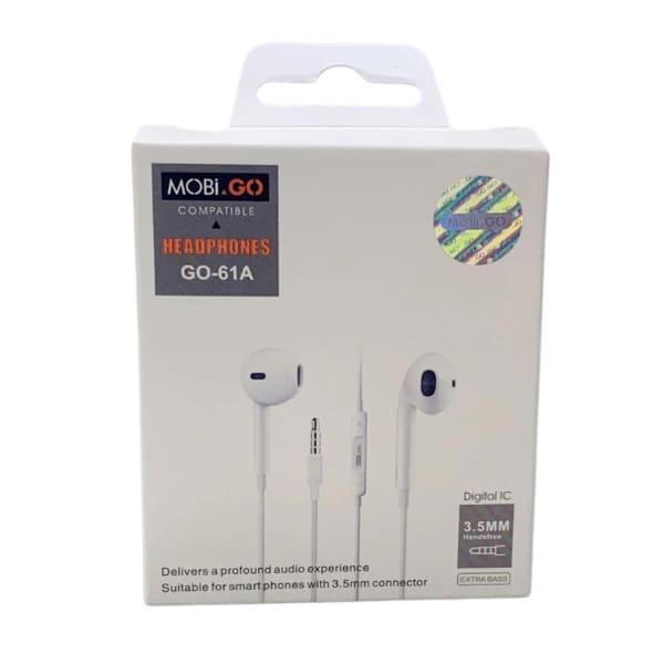 Mobigo GO-61A earphones with extra bass and 3.5mm jack, 9eight5 brand, showing black in-ear headphones with inline microphone.