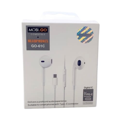 9eight5 Mobigo GO-61C earphones with extra bass, Type C jack, in-ear design, black color, with cable and control buttons.