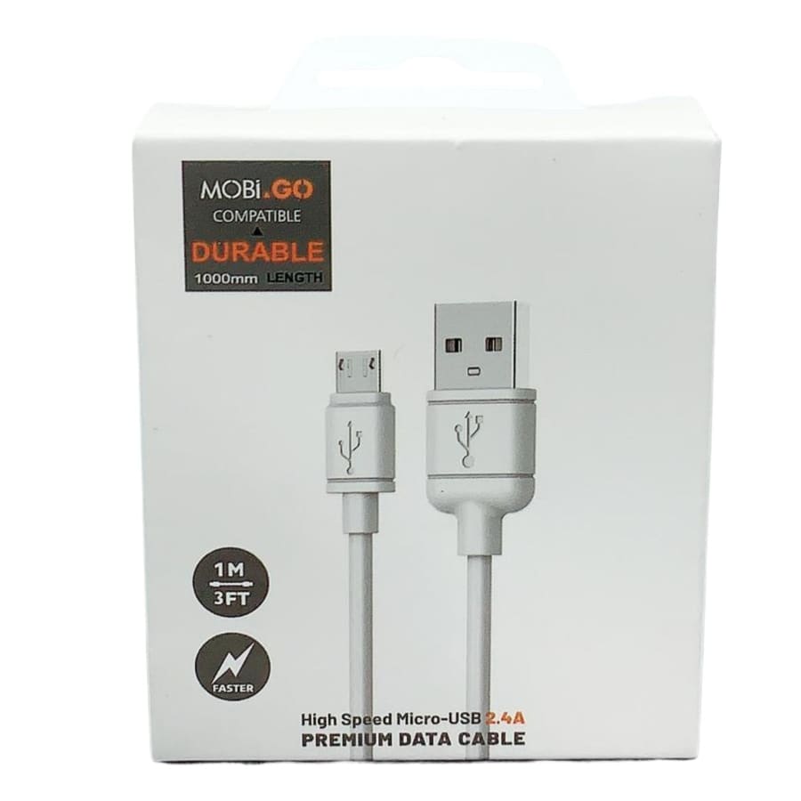 Black Mobigo Micro USB Cable by 9eight5, 1 meter long, with USB and Micro USB connectors for charging and data transfer.