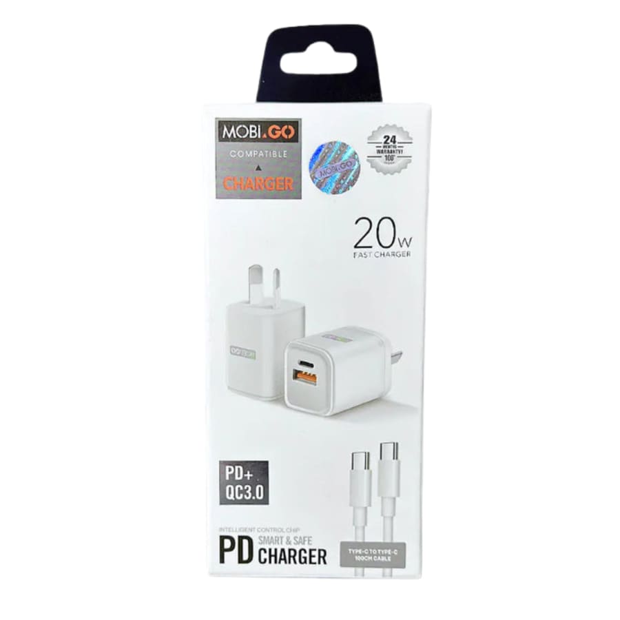 9eight5 Mobigo Type C & USB power adapter wall plug with Type C to Type C cable for NZ and AUS outlets, portable electronics accessory.