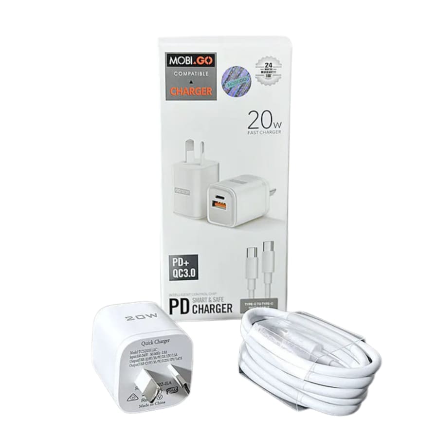 White Mobigo Type C and USB power adapter wall plug with Type C to Type C cable for fast charging, designed for NZ and AUS outlets.