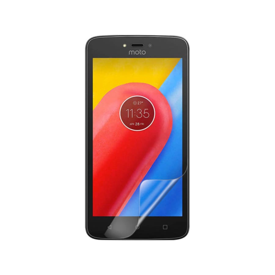 Hydrogel screen protector for Moto C by 9eight5, showing clear, flexible film covering the phone screen for protection.