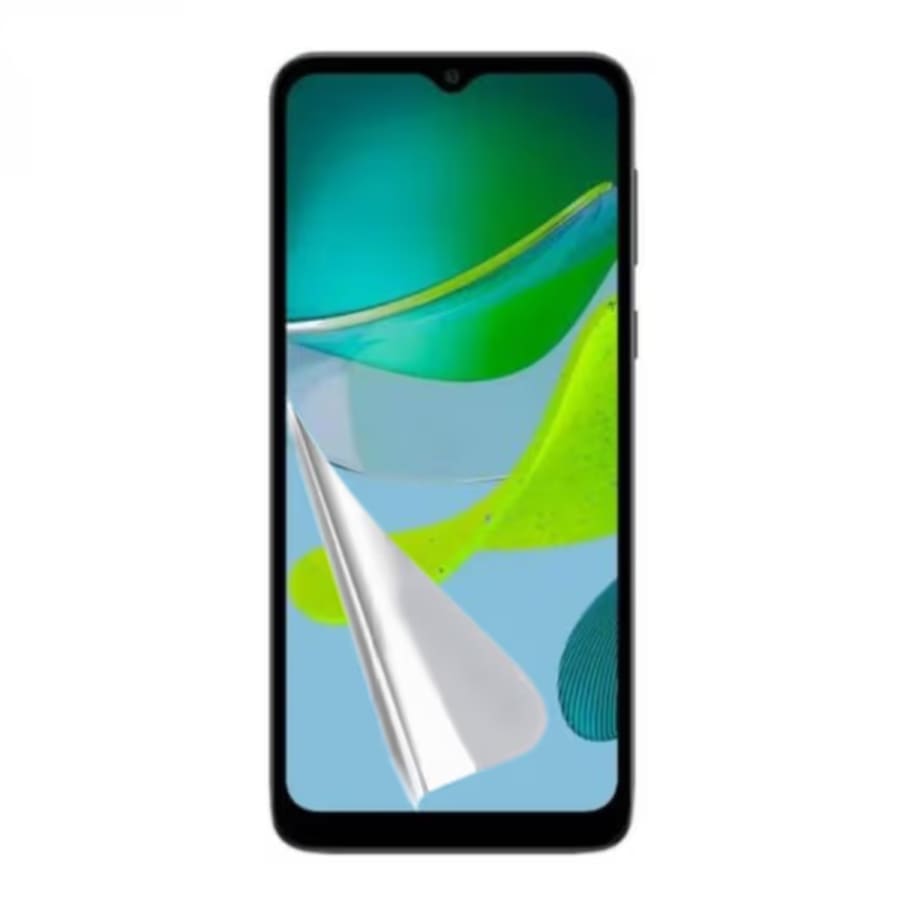 Hydrogel screen protector for Moto E13 2023 by 9eight5, pack of 2, showing the protector applied to the phone screen.