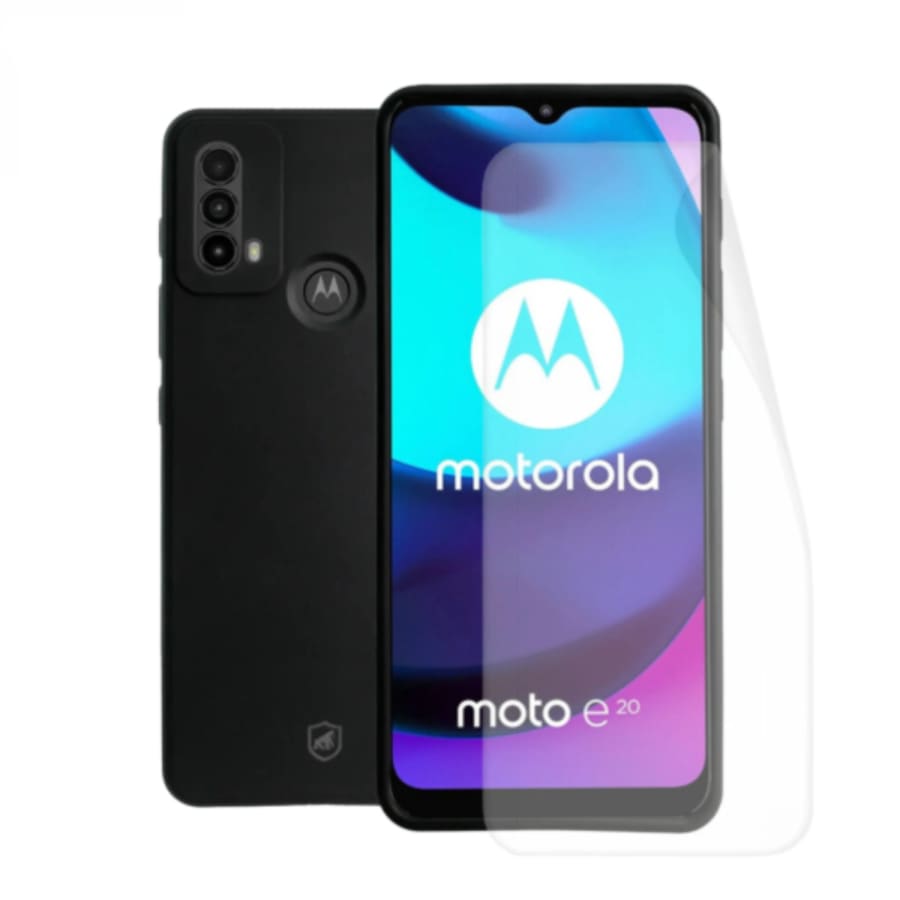 Hydrogel screen protector for Moto E20 2021 by 9eight5, showing a clear film covering the phone screen.