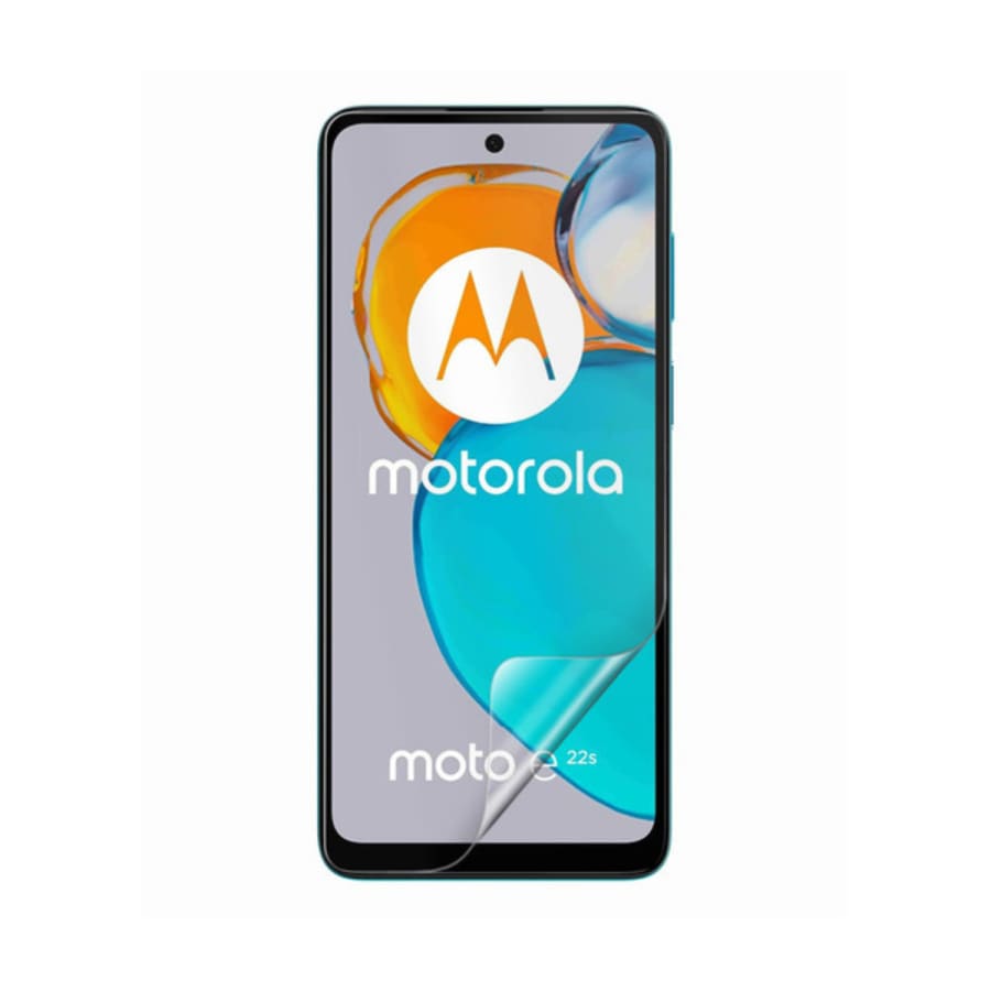 Hydrogel screen protector for Moto E22s 2022 by 9eight5, showing clear, flexible film fitted on smartphone screen.