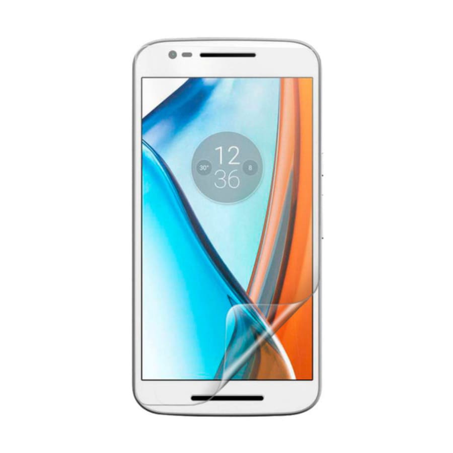 Hydrogel screen protector for Moto E3 (2016) by 9eight5, showing a clear, flexible film covering the phone's screen.
