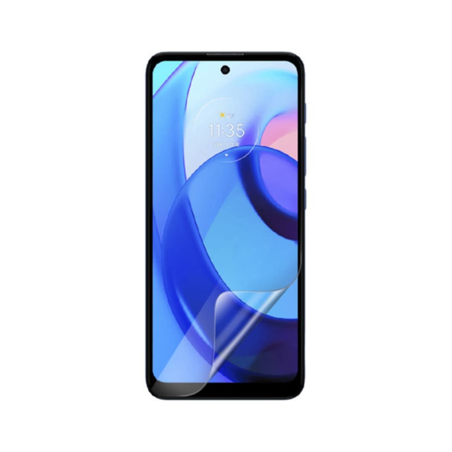 Hydrogel screen protector for Moto E30 2021 by 9eight5, showing the clear, flexible film covering the phone screen.