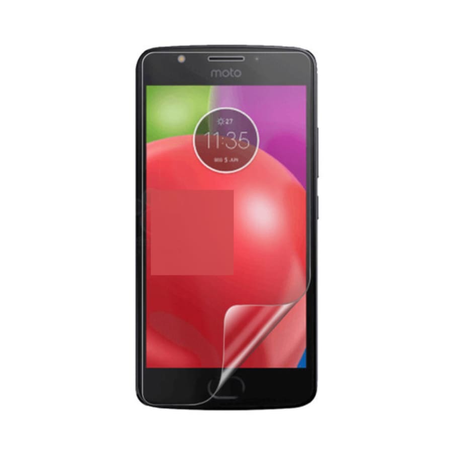 Hydrogel screen protector for Moto E4 (2017) by 9eight5, showing a clear flexible film covering the phone screen.