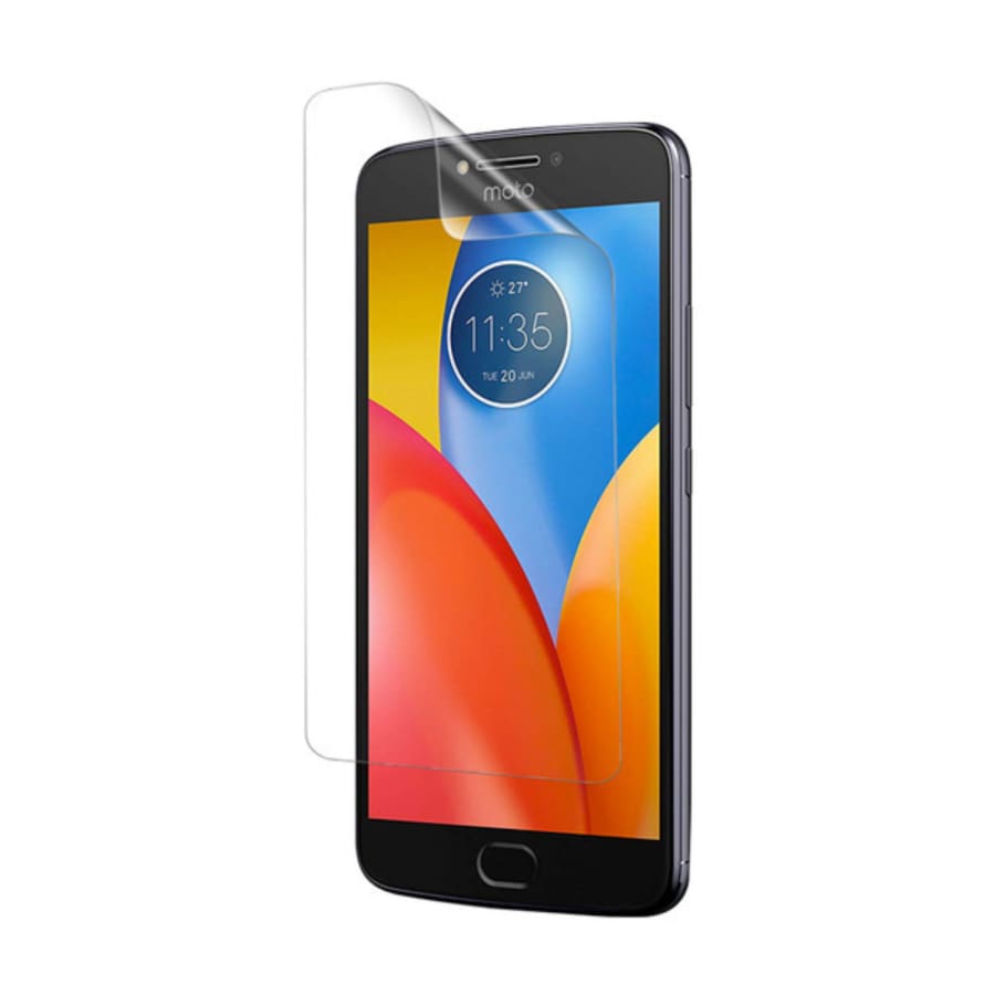 Hydrogel screen protector for Moto E4 Plus 2017 by 9eight5, showing a clear, flexible film covering the phone screen.