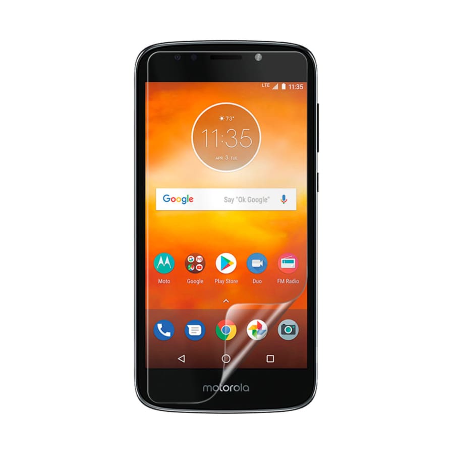 Hydrogel screen protector for Moto E5 (2018) by 9eight5, showing the clear, flexible protective film on the phone screen.