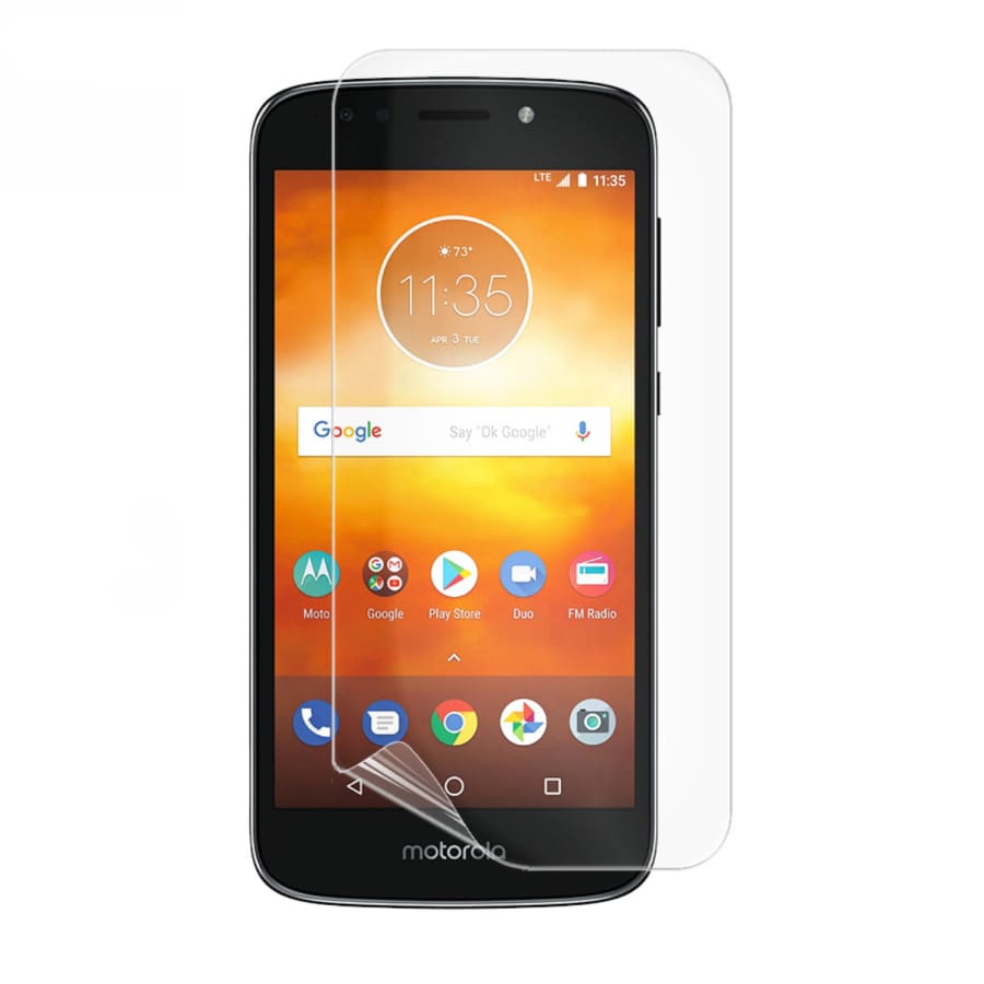Hydrogel screen protector for Moto E5 Play 2018 by 9eight5, showing the clear, flexible film fitting over the phone screen.