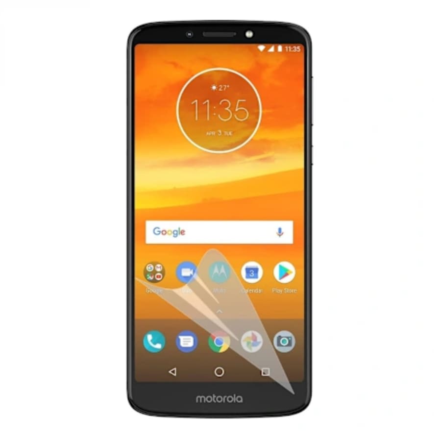 Hydrogel screen protector for Moto E5 Plus 2018 by 9eight5, showing clear, flexible film covering the phone screen.