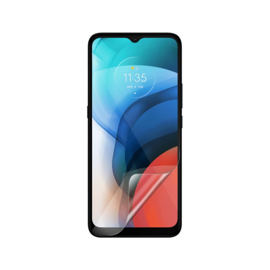 Two clear hydrogel screen protectors for Moto E7 (2020) by 9eight5, shown on a white background.