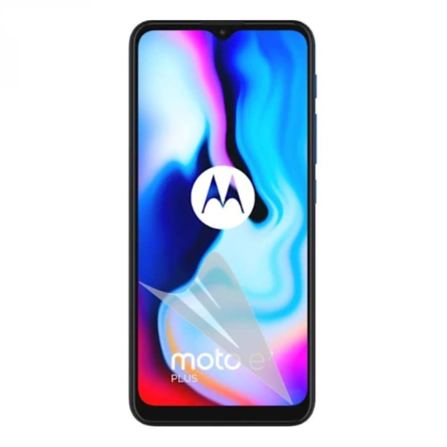Hydrogel screen protector for Moto E7 Plus 2020 by 9eight5, shown in a pack of two, covering the phone screen.