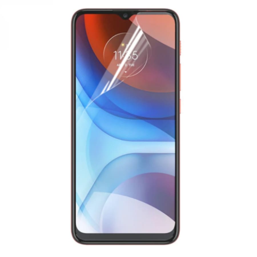 Hydrogel screen protector for Moto E7 Power 2021 by 9eight5, showing a clear flexible film covering the phone screen.