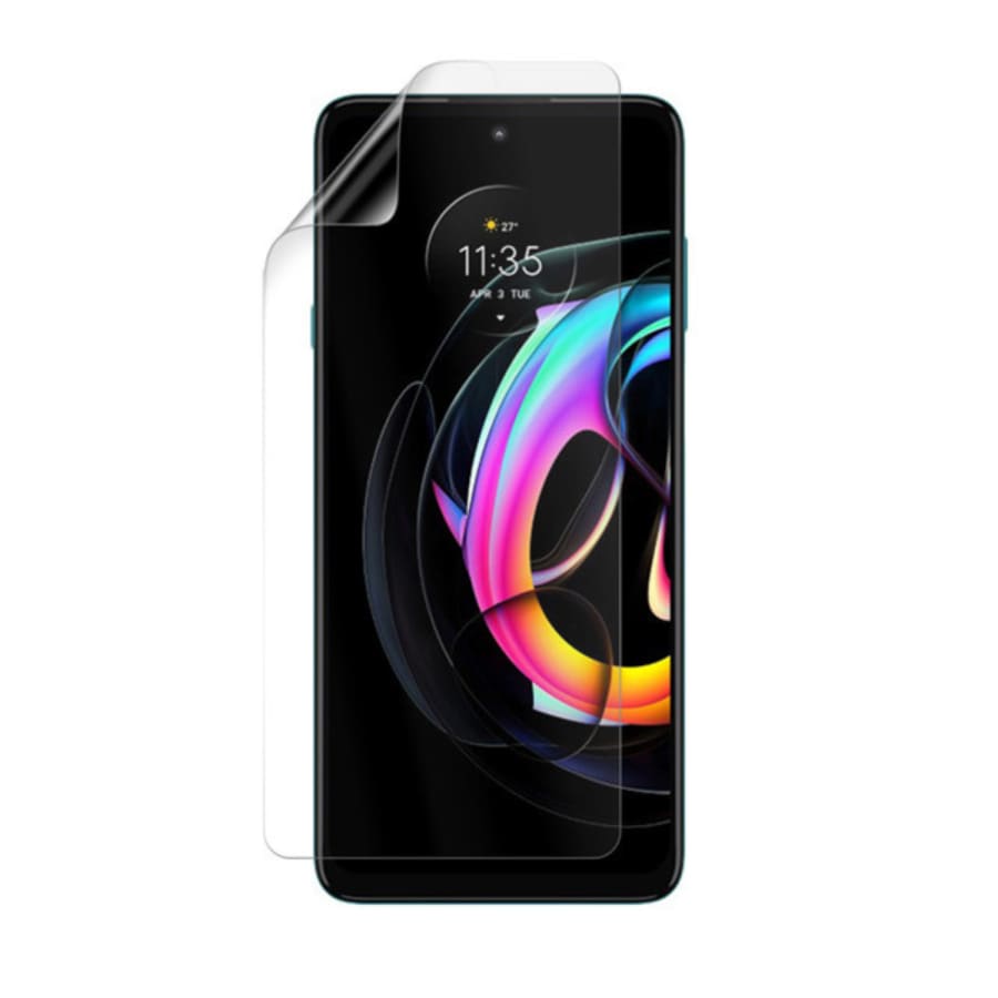 Hydrogel screen protector for Moto Edge 20 Fusion by 9eight5 showing clear, flexible film covering the smartphone screen.