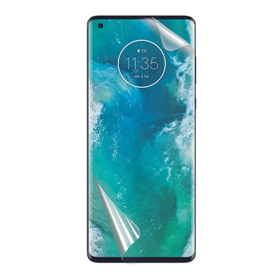 Hydrogel screen protector for Moto Edge+ (2020) by 9eight5, showing a clear, flexible film fitting over the phone screen.