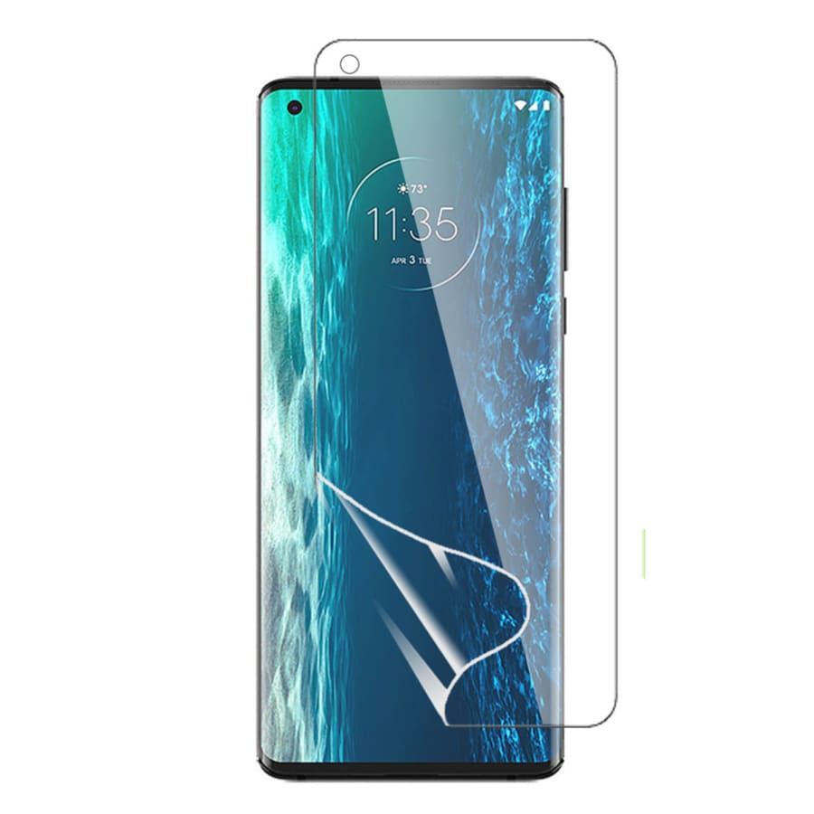Hydrogel screen protector for Moto Edge 2020, designed by 9eight5, showing a clear, flexible layer fitting the phone screen.