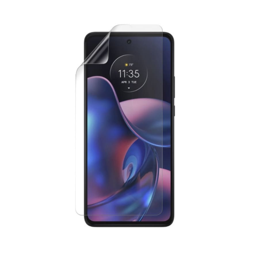 Hydrogel screen protector for Moto Edge+ (2022) by 9eight5, showing a clear, flexible film covering the phone screen.