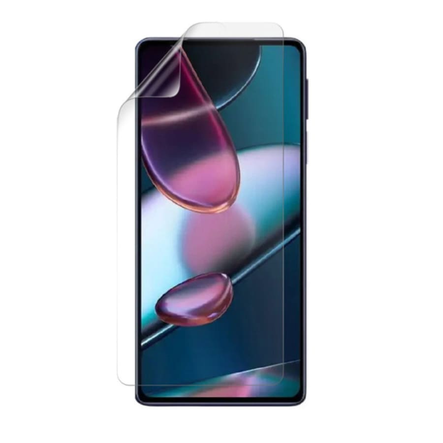 Hydrogel screen protector for Moto Edge X30 by 9eight5, showing a clear, flexible film covering the phone screen.
