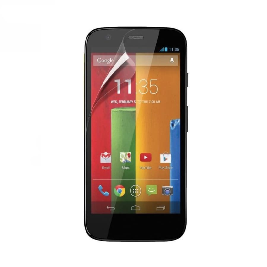 Hydrogel screen protector for Moto G 1st generation 2013 by 9eight5, showing a clear, flexible film on the phone screen.