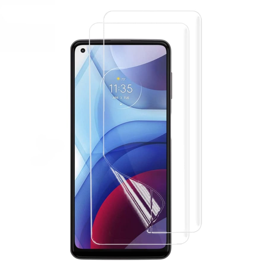 Two 9eight5 Hydrogel Screen Protectors for Moto G Power (2021) smartphone, showing transparent flexible film applied to the screen.