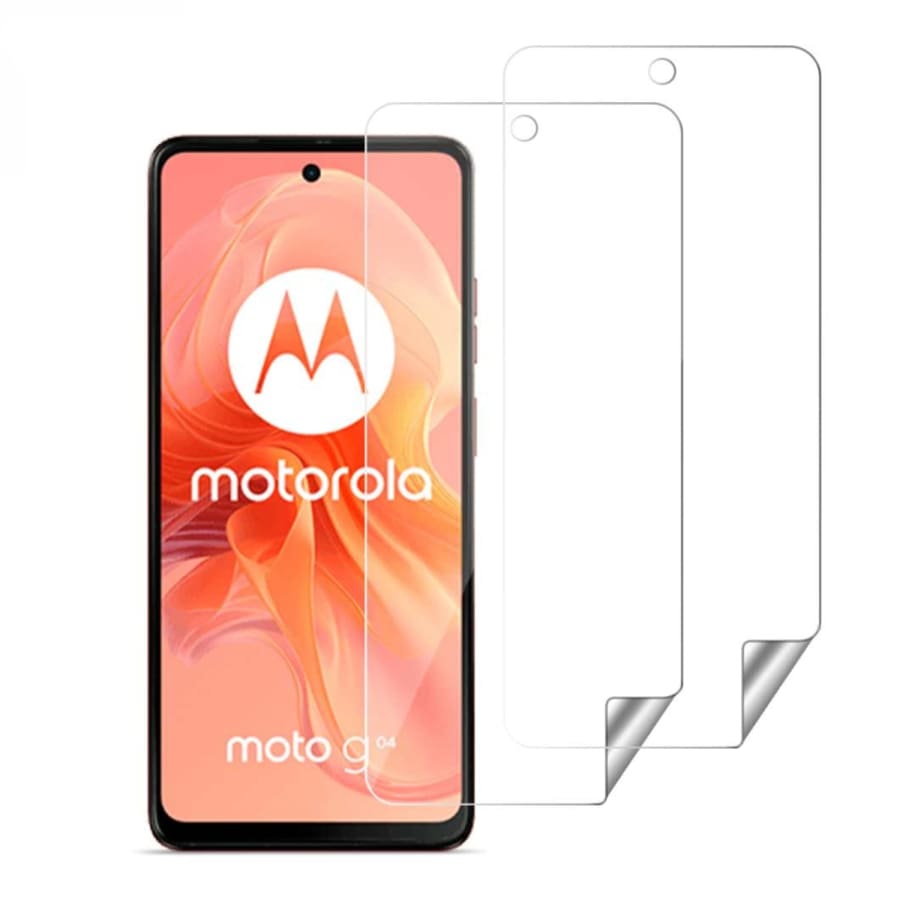 Hydrogel screen protector for Moto G04 (2024) by 9eight5, showing a clear, flexible film fitting the smartphone screen.