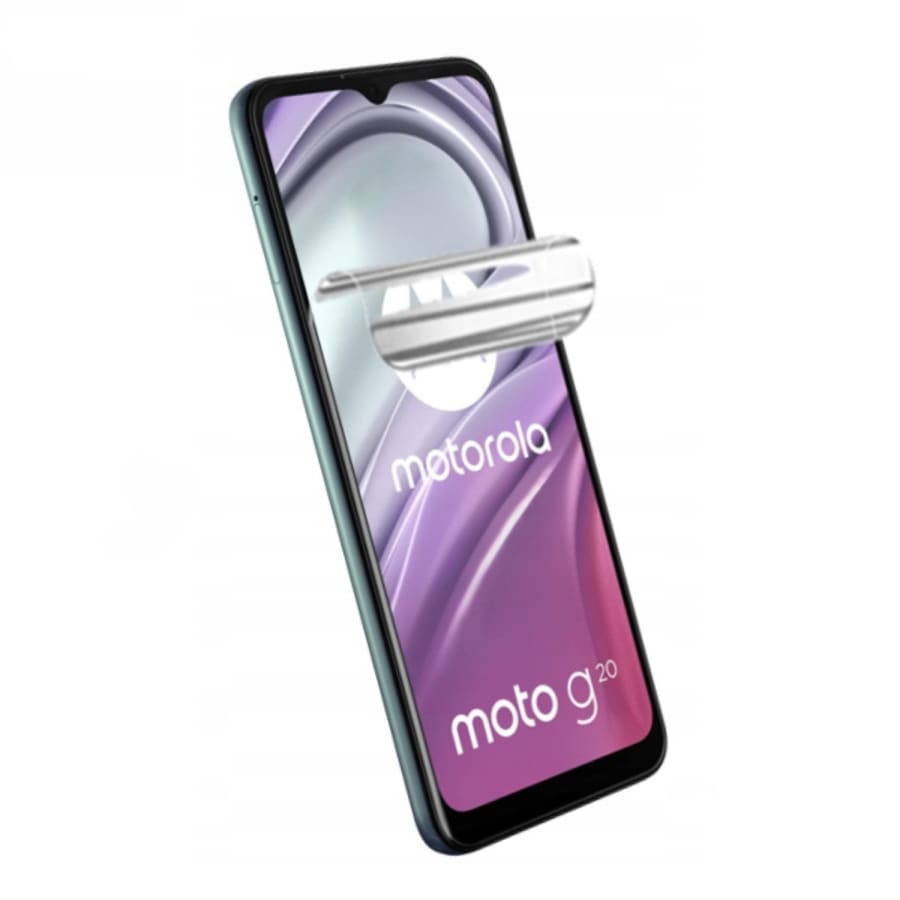 Hydrogel screen protector for Moto G20 2021 smartphone by 9eight5, showing a clear film fitting the device's screen.