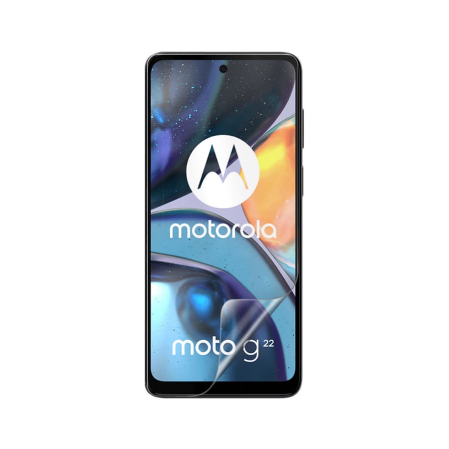 Hydrogel screen protector for Moto G22 (2022) by 9eight5, showing a clear, flexible film covering the phone screen.
