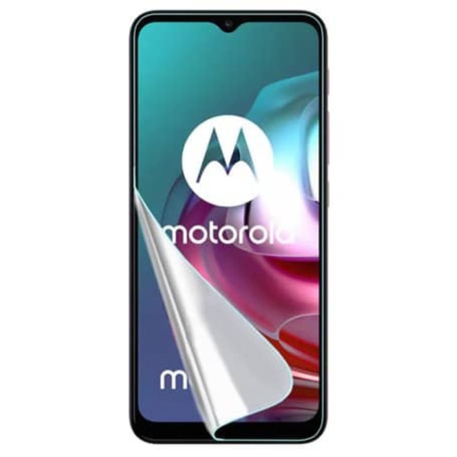 Hydrogel screen protector for Moto G30 2021 by 9eight5, showing a clear, flexible film applied to the smartphone screen.