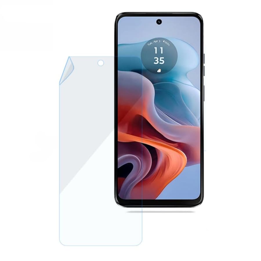 Hydrogel screen protector for Moto G34 5G 2023 by 9eight5, showing a clear, flexible film covering the phone screen.