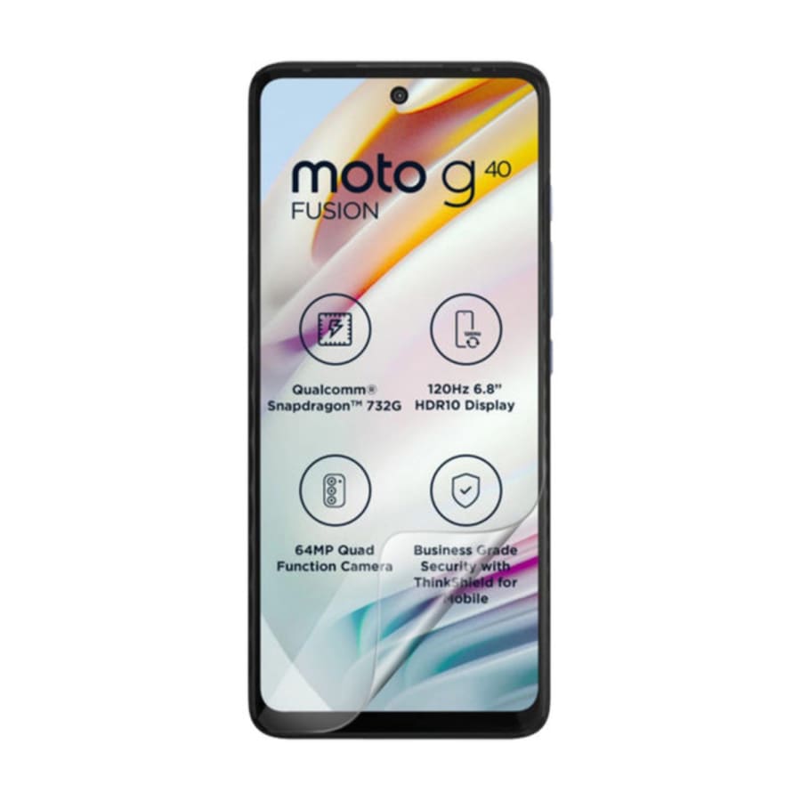 Hydrogel screen protector for Moto G40 Fusion 2021 by 9eight5, shown in a pack of two on a smartphone screen.