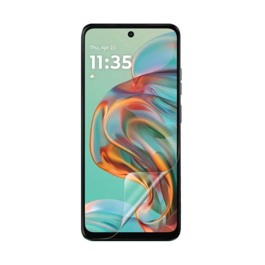 Hydrogel screen protector for Moto G45 (2024) by 9eight5, showing clear, flexible film fitting the phone screen.