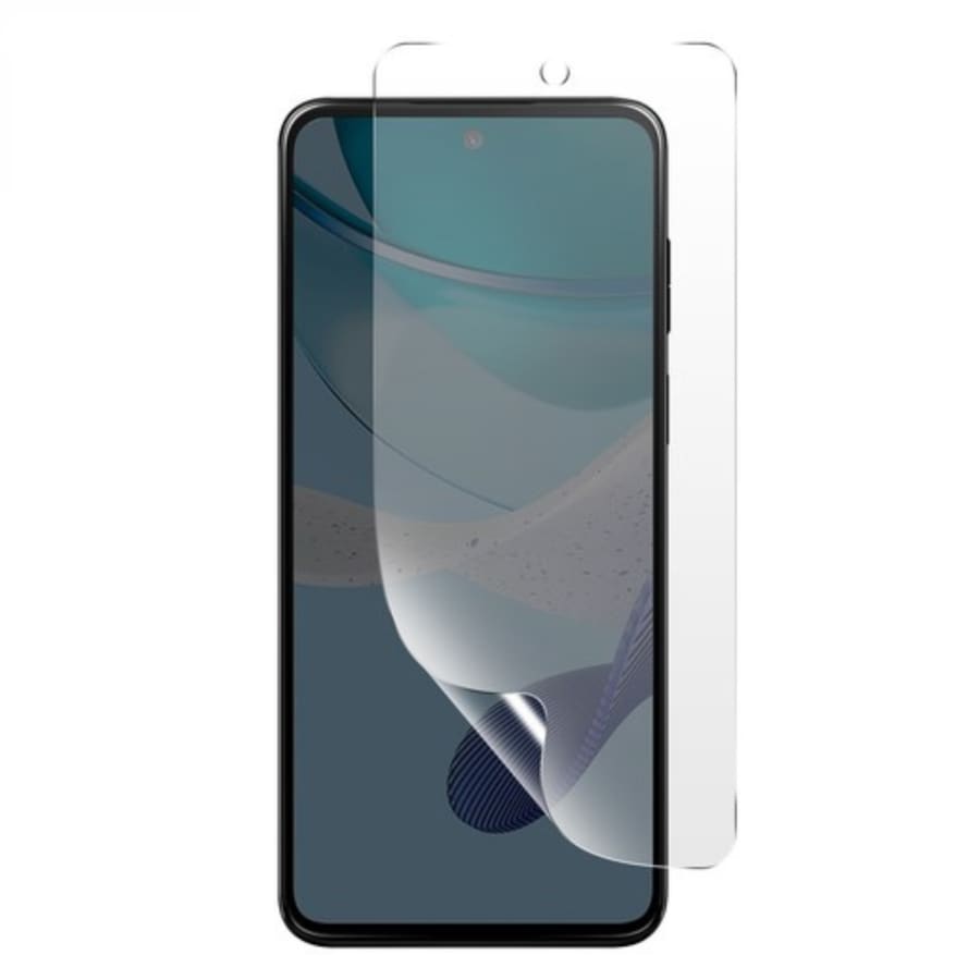 Hydrogel screen protector for Moto G53 5G 2023 by 9eight5, showing a close-up of the flexible, transparent film on the phone screen.