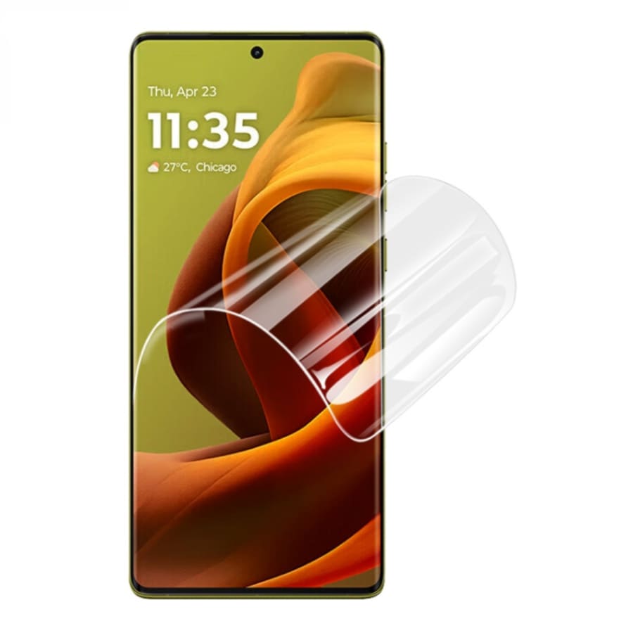 Two 9eight5 hydrogel screen protectors for Moto G56 (2025) smartphone, demonstrating flexible, transparent protection.
