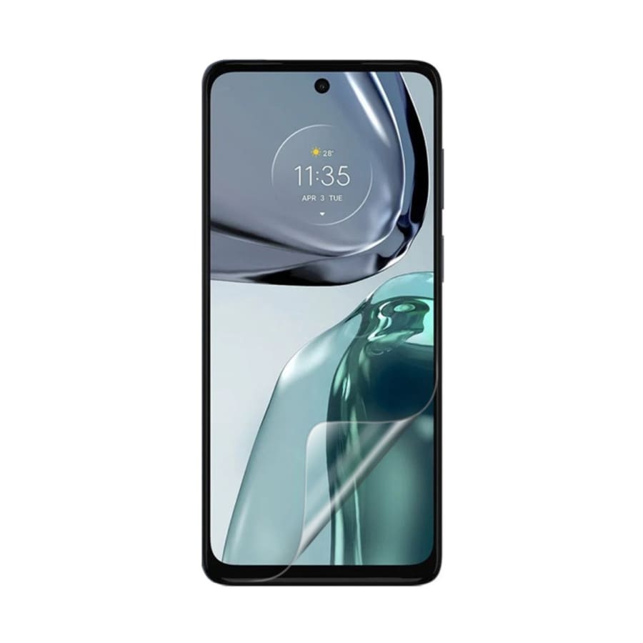 Hydrogel screen protectors for Moto G62 (2022) by 9eight5, showing a pack of two flexible, transparent protectors on a smartphone.