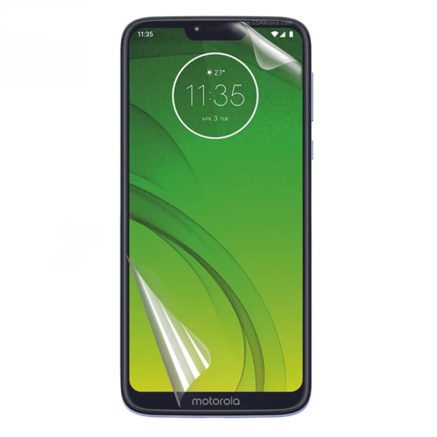 Two 9eight5 hydrogel screen protectors for Moto G7 Power, Optimo Maxx, and Supra 2019 models, shown in pack of two.