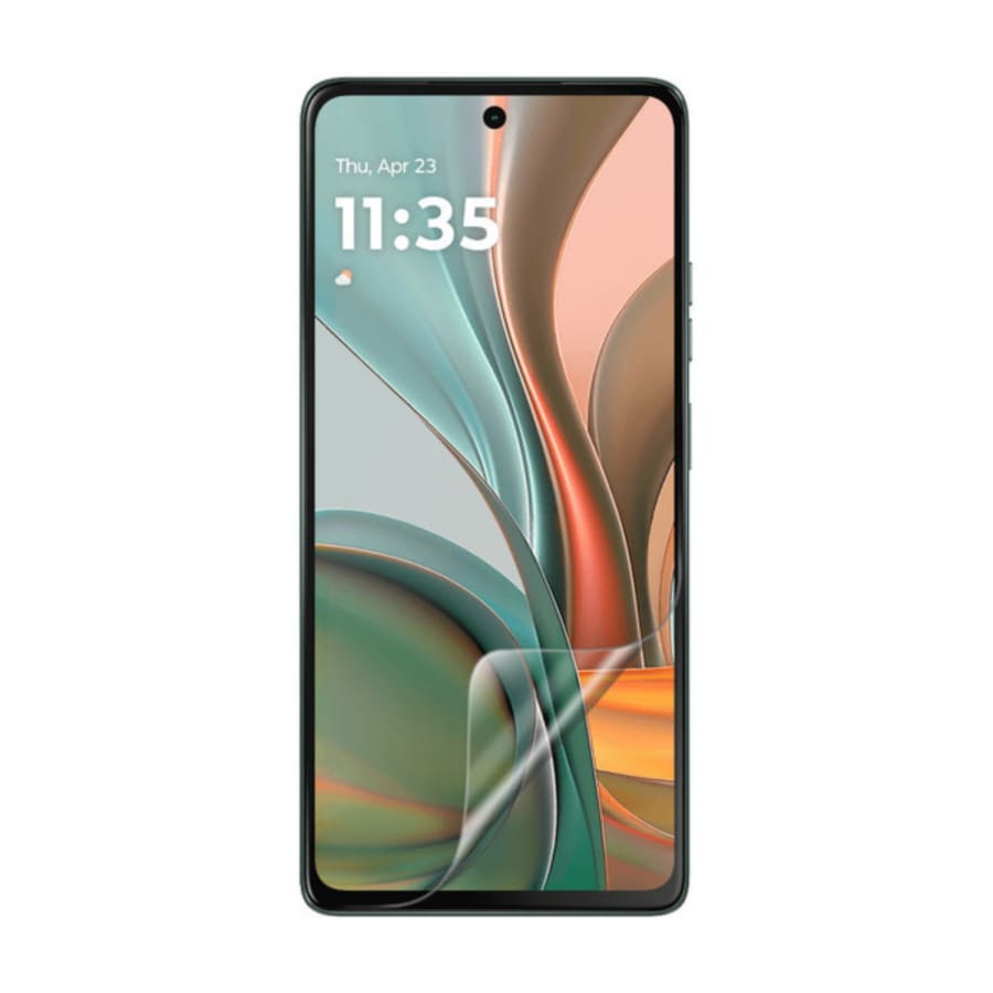 Hydrogel screen protector for Moto G75 by 9eight5, showing clear, flexible film applied to phone screen for protection.