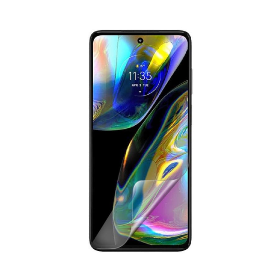 Hydrogel screen protector for Moto G82 2022 by 9eight5, showing a transparent protective layer on the phone screen.