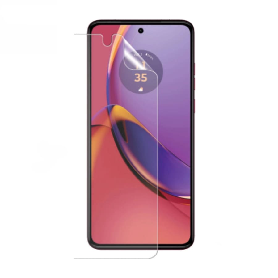 Set of two 9eight5 Hydrogel Screen Protectors for Moto G84 (2023), showing clear, flexible protective film on smartphone screen.