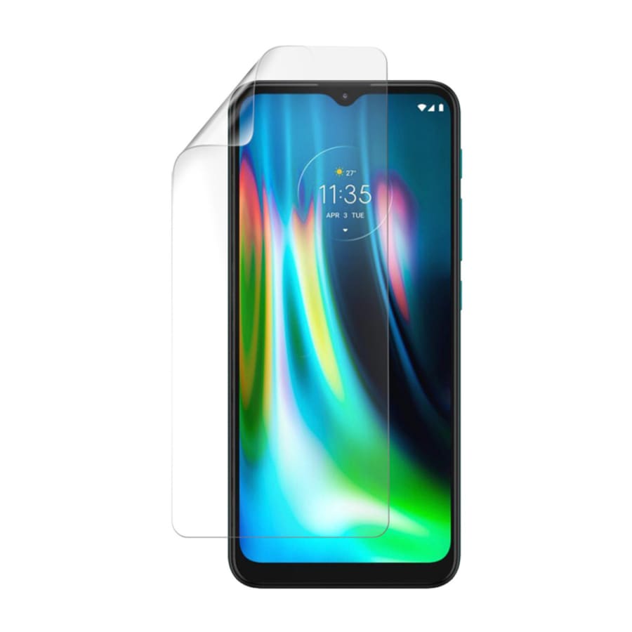 Hydrogel screen protector for Moto G9 Play and G9 2020 by 9eight5, showing a clear, flexible shield fitting a smartphone screen.