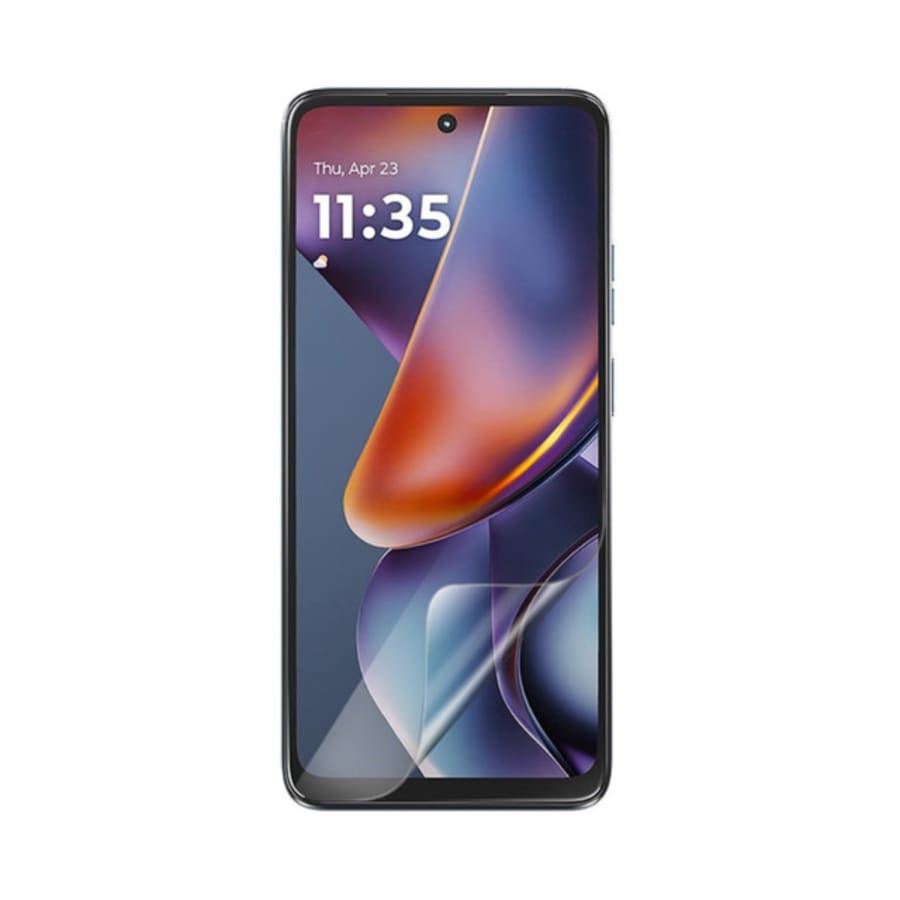 Hydrogel screen protector for Moto G96 (2025) by 9eight5, showing a clear, flexible shield fitting the phone screen.