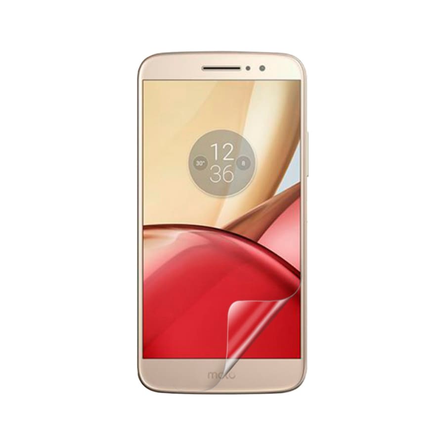 Hydrogel screen protector for Moto M 2016 by 9eight5, showing a clear, flexible film fitting the phone screen perfectly.