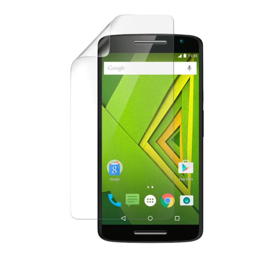 Hydrogel screen protectors for Moto X Play (2015), pack of 2, by 9eight5, showing the protectors fitted on the phone screen.